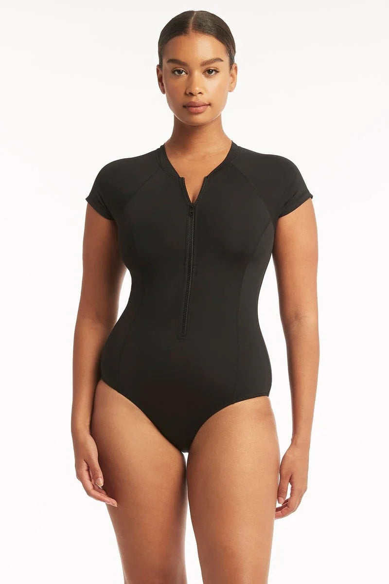 Sea Level Short Sleeve Multifit One Piece Black HyperLuxe Activewear